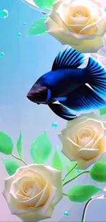 Blue fish swimming among yellow roses wallpaper.