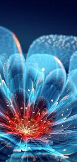 Blue digital flower with glowing petals on dark background.