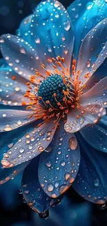 Blue flower with raindrops on petals, vibrant and stunning.