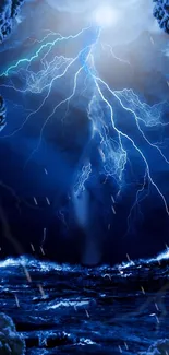 Electrifying blue lightning over stormy ocean with dark clouds.