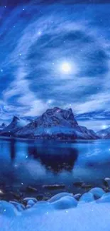 Blue night landscape with mountain reflection in a tranquil lake.