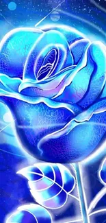 Glowing blue rose with neon and cosmic details on a wallpaper.