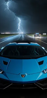 Blue sports car on road with lightning in the sky.