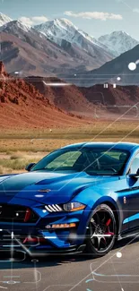 Blue sports car on road with mountain backdrop, vibrant and scenic.