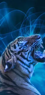 Blue-themed tiger art with abstract swirls.