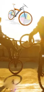 Two BMX riders performing tricks against a golden sunset backdrop.