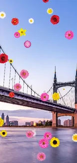 Suspension bridge at dusk with city skyline.