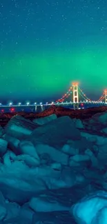 Aurora lights over icy landscape with a bridge at night.