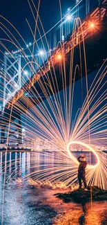 Person creating light art under a bridge at night.