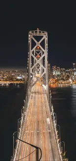 Night view of a bridge, illuminated against a city skyline.