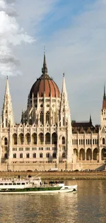 Hungarian Parliament and Danube River under a blue sky.