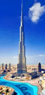 Burj Khalifa towering against a clear blue sky in Dubai.