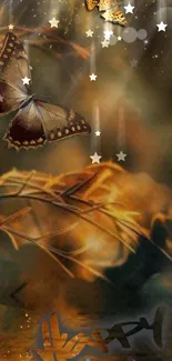 Mystical butterfly wallpaper with starry night elements and earthy tones.