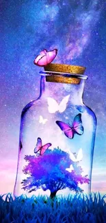 Magical butterfly-filled jar with galaxy background.