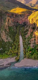 A stunning aerial view of a canyon beach with lush greenery and blue waters.