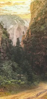 Scenic canyon landscape with earthy tones and lush greenery.