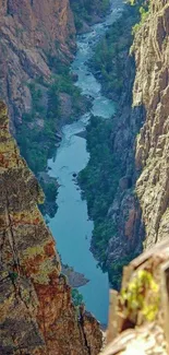 Majestic canyon with a flowing river and towering cliffs.