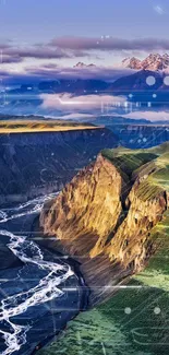 Scenic canyon with river and mountains under a blue sky, perfect as mobile wallpaper.