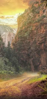 Canyon landscape at sunset with golden hues and lush greenery.