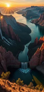 Canyon landscape at sunset with vibrant colors and a serene waterfall.