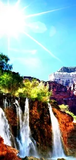 Beautiful blue sky with sunlight over a canyon waterfall.