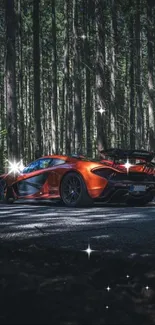 Sleek sports car on a lush forest road.