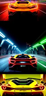 Yellow sports car with neon lights on a nighttime city drive.