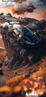 Sleek car perched on a cliff at sunset with orange foliage below.