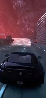 Black car racing on a red, scenic road.