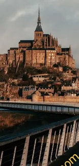 Majestic European castle at dusk framed with a scenic boardwalk.