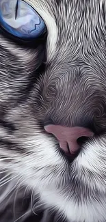 Close-up artistic depiction of a cat's face with textured fur and striking blue eyes.