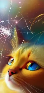 Colorful wallpaper of a cat gazing into a vibrant galaxy.