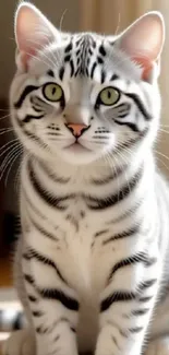 Beautiful striped cat with striking patterns in a cozy indoor setting.