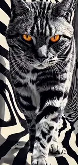 A cat with striking zebra patterns walks toward the camera.