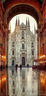 Gothic cathedral reflected in a grand archway with warm lighting.