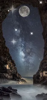 Moonlit cave opening to a starry night sky with the Milky Way.