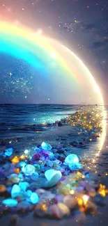 Celestial beach with rainbow and gems shining under a starry sky.