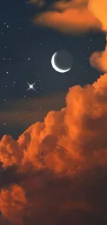 Crescent moon with orange clouds against a starry night sky.