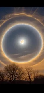 Mesmerizing halo in a night sky over trees.