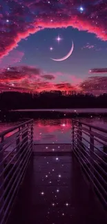 Crescent moon with vibrant pink and purple skies over a serene lake.