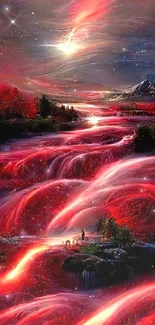 Crimson river flowing under a star-filled night sky with mountains.