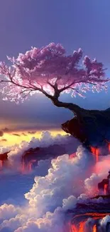 Cherry blossom tree on cliff with vibrant pink sky.