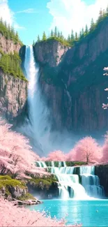 Waterfall with cherry blossoms and turquoise pool under a bright sky.