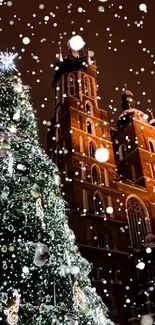 Christmas tree and church tower at night.