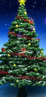 Vibrant Christmas tree with starry sky background.