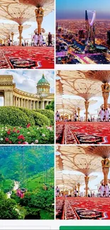 Collage of vibrant cityscapes and serene nature images in warm tones.