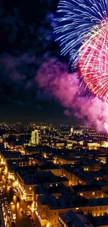 Colorful city fireworks illuminating the night sky.