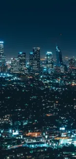 Beautiful city skyline at night with illuminated skyscrapers and city lights.