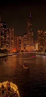 City nightscape with glowing lights reflecting on river water.