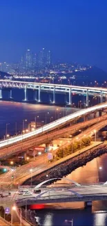 Beautiful city skyline and bridge at night.